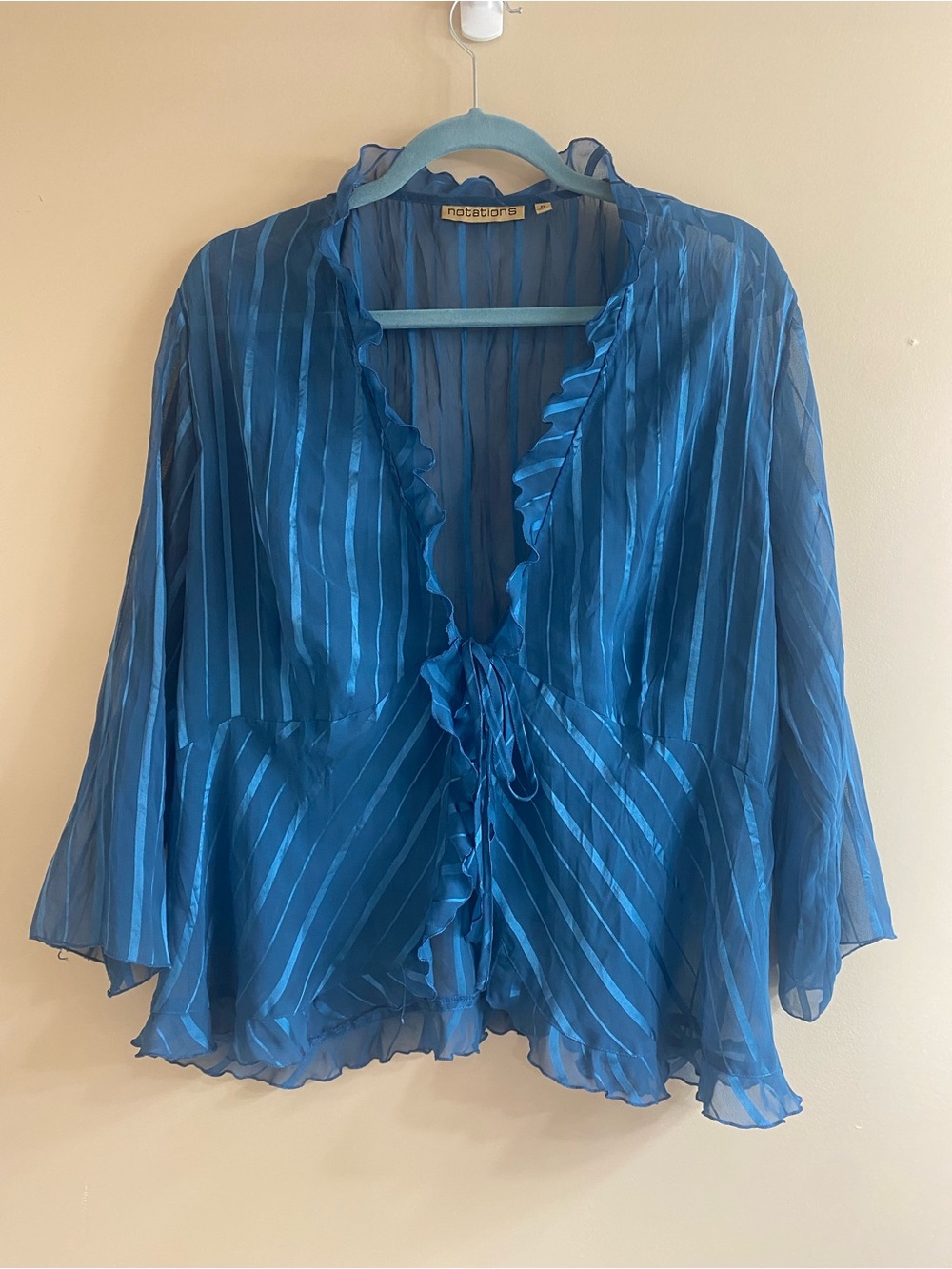 Notations Sheer Teal Tie-Front Top